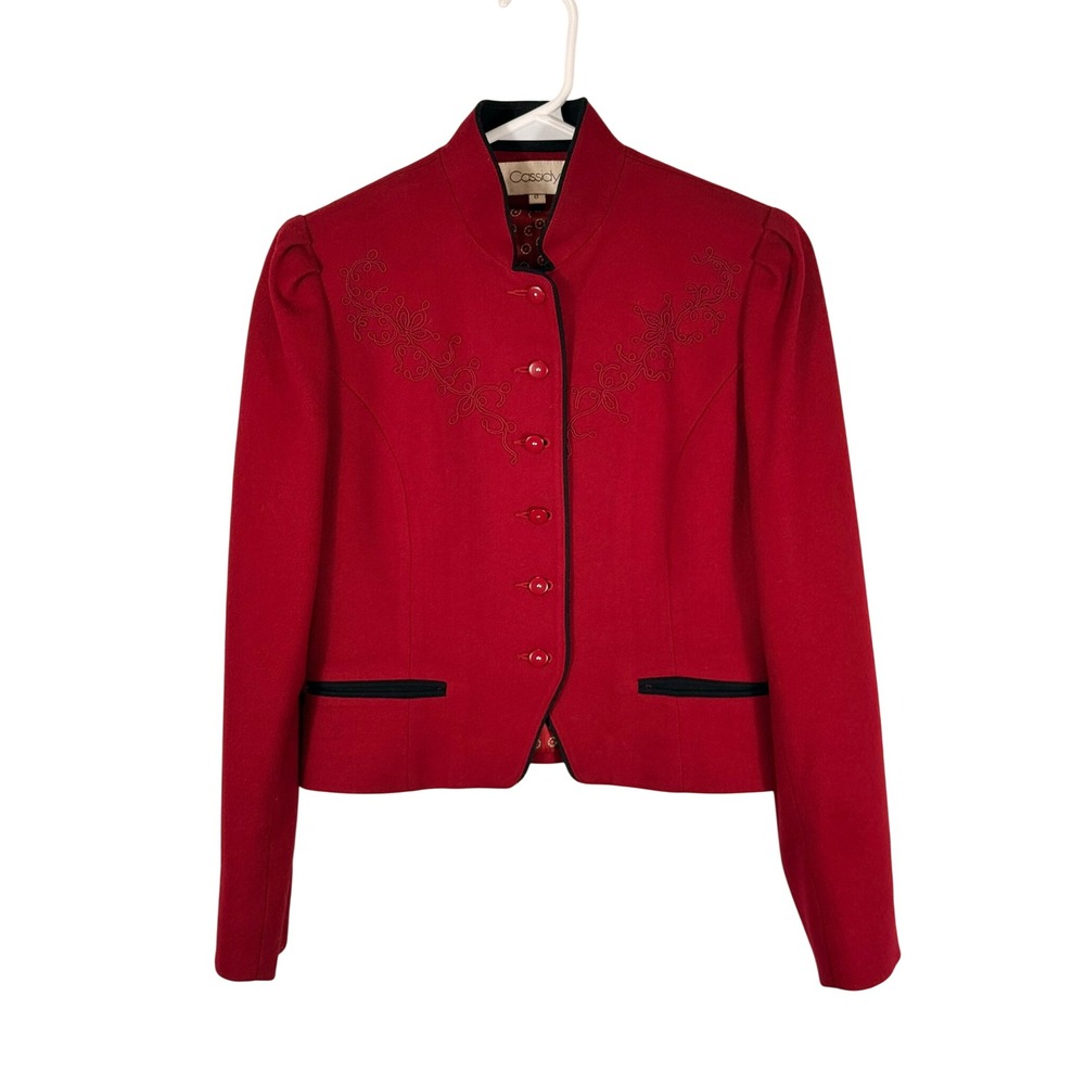 VTG 80s Cassidy Wool Trachten Blazer Red Embroidered Dirndl Coat Made in USA 6